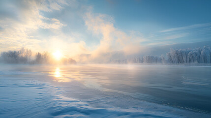 Fog gently floats above the cold ice of a wide frozen river in winter.