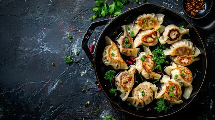 Wall Mural - Delicious gedza dumplings in a pan with soy sauce. On dark rustic background