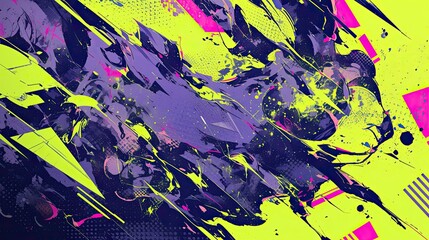Wall Mural - an abstract neon colored pattern in purple, yellow and black, in the style of neo-pop iconography, dark green and pink, splattered/dripped, neo-geo minimalism, flickr, bold lines, geometric shapes