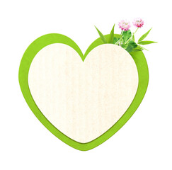 Wall Mural - Heart shaped cardboard, flower and leaves. Isolated on white. Sustainable development of strategy approach to zero waste, responsible consumption, eco-friendly concept. Go green. Copy space for text