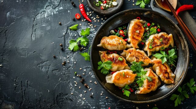 Delicious gedza dumplings in a pan with soy sauce. On dark rustic background