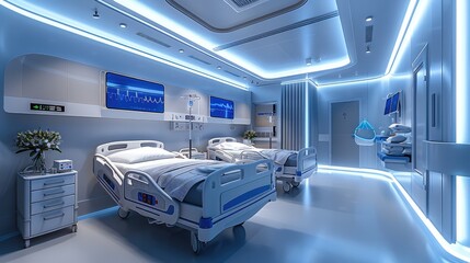 Wall Mural - Design of two beds in the hospital, with digital screens on top and LED lighting above each bed. The wall is white and features blue accents. Generative AI.