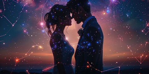 Wedding couple, on the background of the starry sky, the zodiac circle in the sky, pink and purple colors. Generative AI.