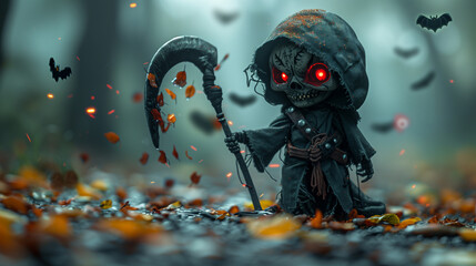 Wall Mural - Adorable Halloween Grim Reaper with glowing eyes and a scythe, surrounded by bats and autumn leaves.