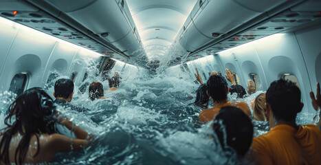 Poster - Water envelopes the interior of the airplane full of people. Generative AI.