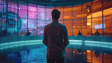 Wall Mural - A presenter presents a show in front of a rounded glass wall where is a reflection of a situation awareness system used in monitoring. Generative AI.
