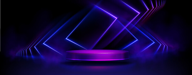 Poster - Cylinder flying podium with neon glowing abstract geometric shapes on wall and smoke clouds. Realistic 3d vector illustration of purple and blue luminous hi tech product platform on dark background.