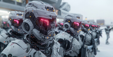 A group of soldiers wearing high-tech exoskeleton armor. Generative AI.