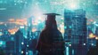 © Rossarin - Silhouette of a graduate in a cap and gown overlooking a futuristic cityscape with digital connectivity overlay. Education and future concept.