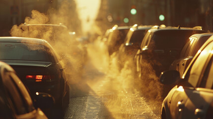 Urban pollution concept image with a traffic jam in a city street letting see smoky smog