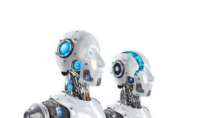 Poster - 3d rendering of 2 futuristic artificial intelligence robots isolated on transparent background in perspective side view, 3D illustrations with png file