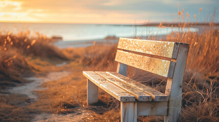 Empty bench overlooking tranquil ocean at sunset