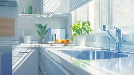 Wall Mural - Bright modern kitchen with clean countertops, green plants, and natural light flowing in through large windows for a fresh ambiance.