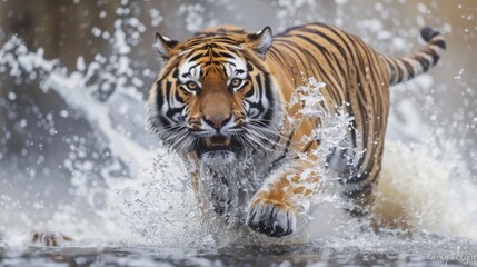 Wall Mural - Siberian tiger, Panthera tigris altaica, low angle photo direct face view, running in the water directly at camera with water