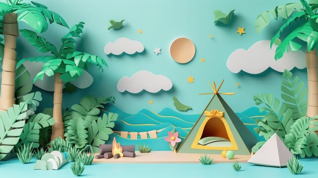 Whimsical paper art scene of a cozy campsite with a tent, campfire, palm trees, and mountains under a cheerful night sky.