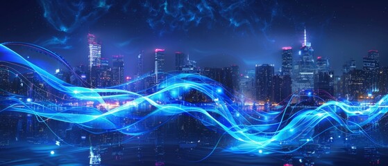 Smart city and big data connection technology concept with digital blue wavy wires with antennas on night megapolis city sky