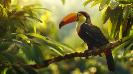 Wall Mural - toucan tropical bird sitting on a tree branch in natural wildlife environment in rainforest jungle