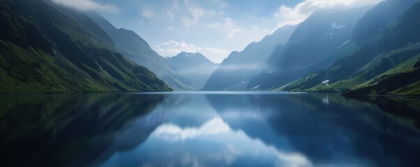 stunning mountain lake landscape with clear blue water, surrounded by majestic peaks and serene skie