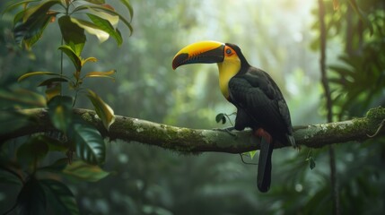 Wall Mural - toucan tropical bird sitting on a tree branch in natural wildlife environment in rainforest jungle