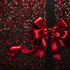 Wall Mural - red ribbon and bow with gold sparkles on black and red background