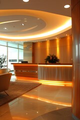 Wall Mural - Modern office reception area with a desk and chairs under soft lighting