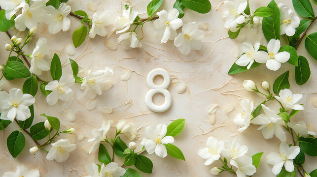 Greeting for international Women's Day on March 8th. branches of jasmine and number eight