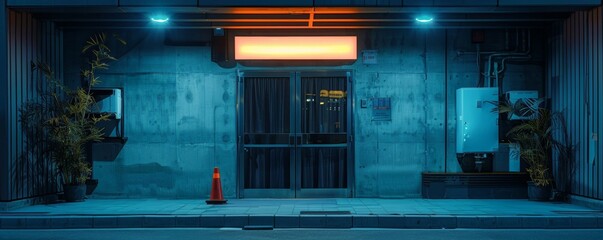 Wall Mural - Illuminated office building entrance at night with a glowing sign, showcasing modern architecture and urban nightlife ambiance