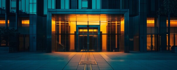 Wall Mural - Illuminated office building entrance at night with a glowing sign, showcasing modern architecture and urban nightlife ambiance