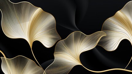 Poster - Abstract luxury art background with ginkgo leaves in gold line art style. Botanical banner for decoration design