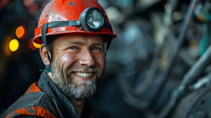 Smiling coal miner with hardhat and headlamp in a mine, showcasing innovative mining technology