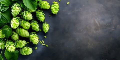 Hop cones on dark background with space for text beer brewing. Concept Beer, Brewing, Hop Cones, Dark Background, Text Space