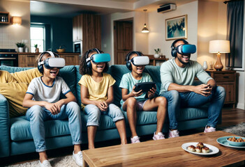 a family of four sitting on a couch with virtual reality headsets