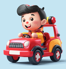 Wall Mural - Vibrant 3D Animation of a Smiling Cartoon Character Driving a Red Toy Car with a Steering Wheel and Red Light on Top