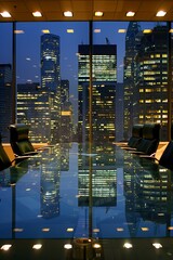 Wall Mural - A modern conference room in an office building illuminated at night, featuring sleek furniture, a large conference table, chairs, and a cityscape visible through tall windows