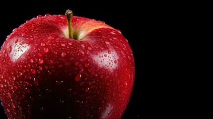 A vibrant red apple glistens with water droplets on a sleek black background, creating a striking and elegant contrast.