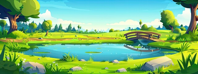 Wall Mural - Landscape of a green meadow with a pond and forest. Cartoon illustration.