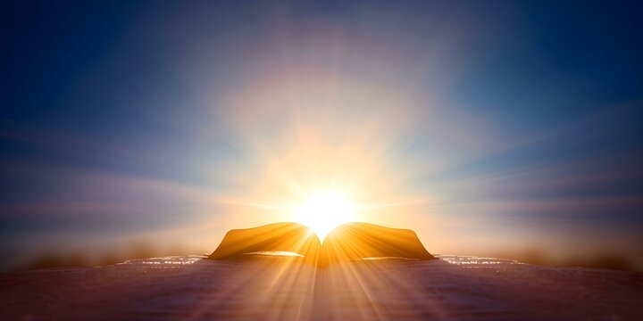 Bible silhouette against bright sun symbolizing spiritual guidance and enlightenment. Concept Religious Symbolism, Bright Sun, Bible Silhouette, Spiritual Guidance, Enlightenment
