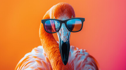 summer feeling - portrait of a flamingo bird wearing sunglasses in front of an orange background