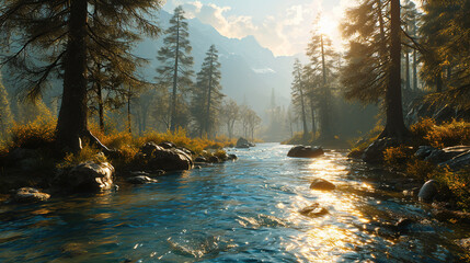 Wall Mural - A Beautiful River Flow From Mountains Landscape On Blurry Background