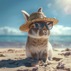 summer feeling - rabbit with sun hat and glasses on a beautiful sandy beach with the sea in the background