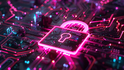 Poster - Macro view of pink padlock on circuit board