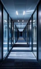 Wall Mural - A sleek office corridor with modern overhead lights casting shadows, creating a dramatic atmosphere