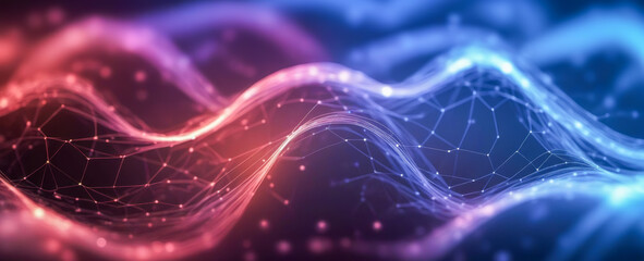 Aufkleber - Abstract design showcasing flowing waves with connected dots and lines on vibrant blue to pink gradient backdrop, digital networking, and modern technology fields for visual representation