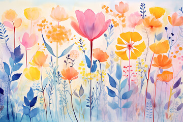 Colorful Floral Watercolor Art, Abstract Garden, Vibrant Bloom