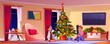© klyaksun - Family celebrate in living room with Christmas tree cartoon. Kid with gift box at home dreaming sitting on floor. Curtain on window, carpet and holiday evergreen apartment decoration. Xmas eve story