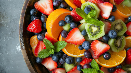 Wall Mural - Healthy fruit salad with strawberries, blueberries, orange, kiwi and mint