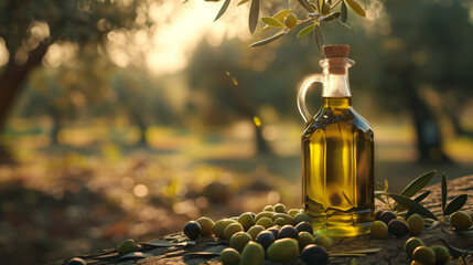 Bottle of extra virgin olive oil with olives