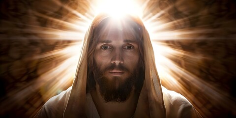 Poster - Jesus Christ in heavenly light embraced in a divine atmosphere. Concept Religious Art, Spiritual Portraits, Heavenly Glow, Divine Atmosphere, Christian Iconography