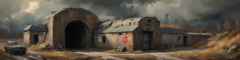 A striking oil painting with expressive, thick strokes of a fortified Soviet atomic shelter entrance, capturing the ominous atmosphere and rugged construction, Generative AI