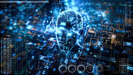 Poster - A futuristic composition with human and digital components. Artificial intelligence concept.
